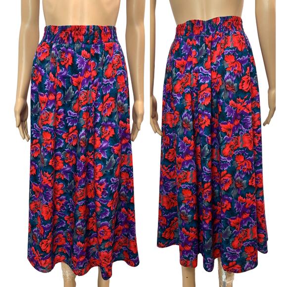 Vintage 80s Purple & Red Floral Rayon Midi Skirt | Full Skirt | Small - Picture 5 of 9